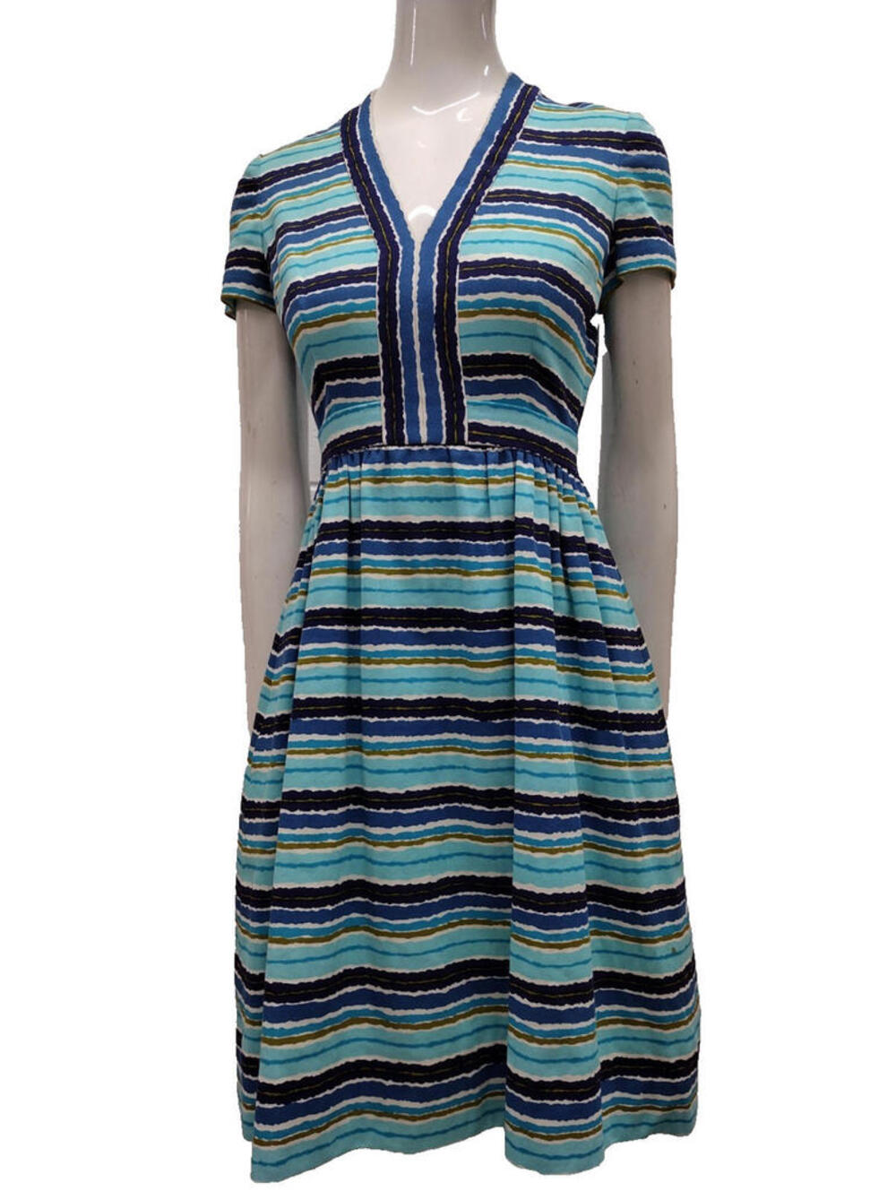 Vintage Dress 1960s Audrey Style Papillon Mid Century Stripes Avocado Blue W 24"